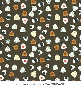 Seamless Japanese Food Pattern Featuring Cute Onigiri ,rice balls in a kawaii style for Packaging and Textile Design.