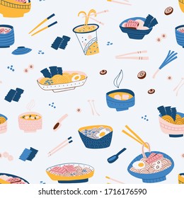 Seamless japanese food pattern. Hand drawn noodle illustration.