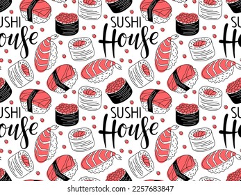 Seamless Japanese food pattern. Sushi house Calligraphy lettering and different types sushi. Asian food. Repeated doodle sketch vector illustration for wallpaper, textile, wrapping, scrapbooking.