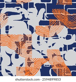 Seamless, Japanese hand drawn brush line abstract shapes pattern, tribal and ethnic folk wood carving, paint textured surface background, simple irregular graphic for textile, carpet,