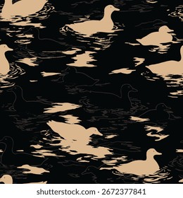 Padrão de patos minimalistas nadando na água inspirado no Japão. O design, em preto e bege, cria um olhar sereno e atemporal.