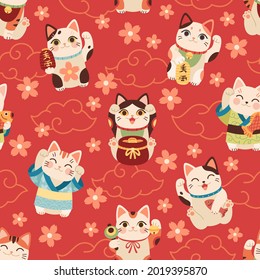 Seamless japanese maneki cats pattern. Lucky asian symbols, cartoon fun characters, kittens with raised paw hold coins, flashlights on red. Decor textile, wrapping wallpaper vector print svg