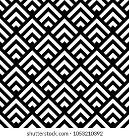 Nahtlose japanische Gebirgsmuster. Wiederholte Chevronen, Winkelklammern, Kurven Hintergrund. Squama-Ornament. Skaliert Bild. Ancient window tracery motif. Digitales Papier für den Stoffdruck. Vektorillustration Kunst.
