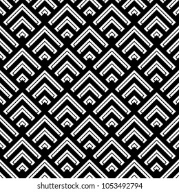 Seamless japanese mountains pattern. Repeated chevrons, angle brackets, curves background. Squama ornament. Scales image. Ancient window tracery motif. Digital paper for textile print. Vector art.