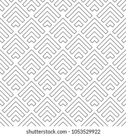 Seamless japanese mountains pattern. Repeated chevrons, angle brackets, curves background. Squama ornament. Scales image. Ancient window tracery motif. Digital paper for textile print. Vector art.