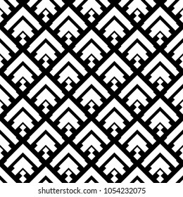 Seamless japanese mountains pattern. Repeated chevrons, angle brackets, figures background. Squama ornament. Scales image. Ancient window tracery motif. Digital paper for textile print. Vector art.