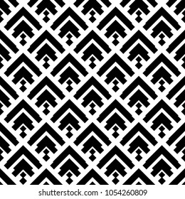 Seamless japanese mountains pattern. Repeated chevrons, angle brackets, figures background. Squama ornament. Scales image. Ancient window tracery motif. Digital paper for textile print. Vector art.