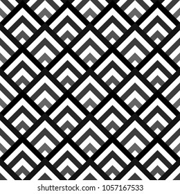 Seamless japanese mountains pattern. Repeated chevrons, angle brackets, diamonds background. Squama ornament. Scales image. Ancient window tracery motif. Digital paper for textile print. Vector art.