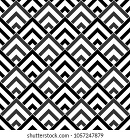 Seamless japanese mountains pattern. Repeated chevrons, angle brackets, diamonds background. Squama ornament. Scales image. Ancient window tracery motif. Digital paper for textile print. Vector art.
