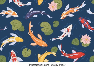 Nahtloses japanisches Muster mit asiatischen Koi-Fischen, die im Teich schwimmen. Endlos wiederholbarer Hintergrund mit chinesischen Gartenkarpfen, Blättern, Lotterien und Wasserlililien. Flache Vektorgrafik zum Drucken