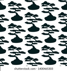 Seamless Japanese pattern with the black hand-drawn bonsai tree silhouette. Black and white traditional classic ornament for fabric textile, wrapping paper, apparel. Monochrome vector illustration. 