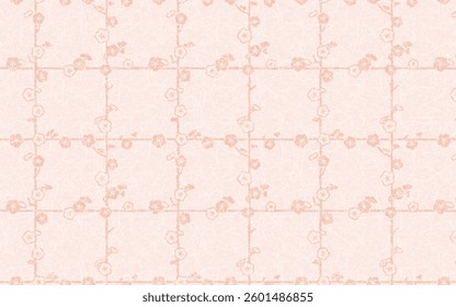 Seamless Japanese pattern with gold foil on washi paper. Light orange, Plum blossoms on a lattice pattern.