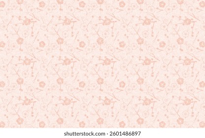 Seamless Japanese pattern with gold foil on washi paper. Light orange, Red and white plum pattern