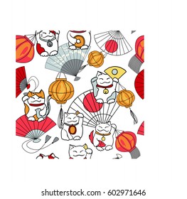 Seamless Japanese pattern with lucky cat (Maneki Neko), fans and traditional paper lanterns. Vector oriental ornament for children's goods, wrapping paper, postcards, invitations. White, red, palette.