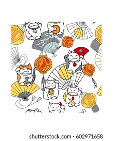 Seamless Japanese pattern with lucky cat (Maneki Neko), fans and traditional paper lanterns. Vector oriental ornament for children goods, wrapping paper, postcards, invitations. White, yellow palette