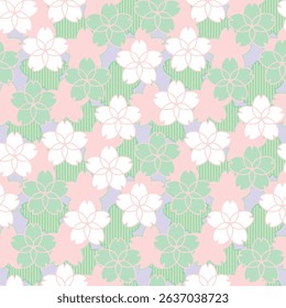 Seamless Japanese pattern in pastel green and pink sakura theme, design asian background, wrapping paper, textile art, Fabric, Decorate