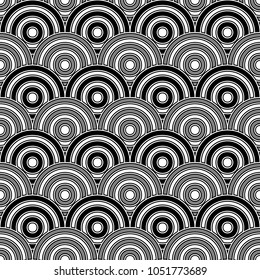 Seamless japanese pattern with scales. Fish scale wallpaper. Asian traditional ornament with repeated scallops. Repeated circles and semicircles background. Vinyl motif. Surface design. Vector art.