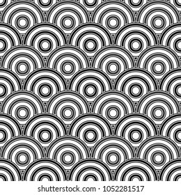 Seamless japanese pattern with scales. Fish scale wallpaper. Asian traditional ornament with repeated scallops. Repeated circles and semicircles background. Vinyl motif. Surface design. Vector art.