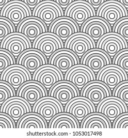Seamless japanese pattern with scales. Fish scale wallpaper. Asian traditional ornament with repeated scallops. Repeated circles and semicircles background. Vinyl motif. Surface design. Vector art.