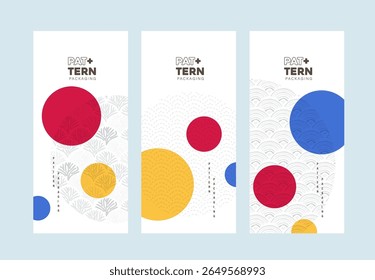 Seamless Japanese patterns with bold color circles in red yellow and blue tones Ideal for packaging design modern branding and product background