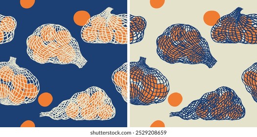 Ciruela japonesa sin costuras en fondo de arte de línea de bolso neto, fruta en patrón inspirado en el supermercado, una ilustración divertida e infantil simple dibujada a mano buena para póster, papel de regalo, papelería, textil, 