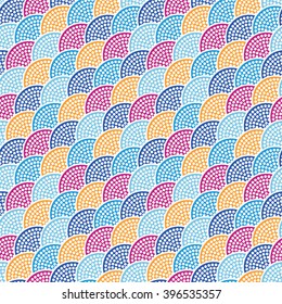 Seamless Japanese style Half-circle pattern. Dotted pattern. Fish-scale mosaic background. Oriental background. Korean ornament. Abstract Colorful Background. Grid.  Dots. Vector Regular Texture.