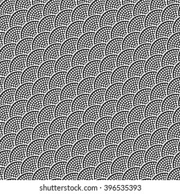 Patrón de semicírculo de estilo japonés impecable. Patrón con puntos. Fondo de mosaico a escala de peces. Fondo oriental. Coreano adorno. Antecedentes en blanco y negro abstracto. Cuadrícula. Dots.Vector textura normal.