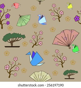 Seamless Japanese symbols brown background 2