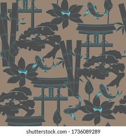 Seamless japanese textile pattern. Dark ornament with contours of lotus, bonsai and pagodas for fabric, home textiles, carpets on the floor.
