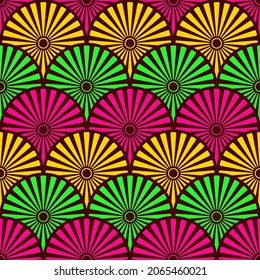 Seamless japanese vintage vector pattern. Repeating striped circles, round ornaments. Stylish texture. Asian ornamental seamless pattern. Green, pink, yellow colors. Color oriental background.