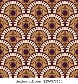 Patrón vectorial vintage japonés sin foco. Círculos repetidos a rayas, ornamentos redondos. Textura elegante. Patrón asiático ornamental sin costura. Color de fondo oriental.