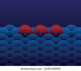 Seamless Japanese Wave Pattern. Creative seamless geometric pattern with circles. Minimalistic retro design. Abstract print, Wallpaper, backdrop... Monochrome texture. Vector.