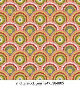 Seamless Japanese wave pattern in orange and green circles folded into scales for modern fabrics, wrapping paper decorative pillows. Vector.