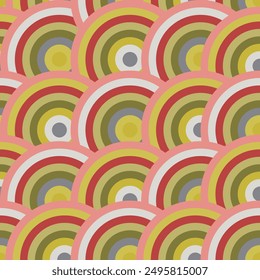 Seamless Japanese wave pattern in orange and green circles folded into scales for modern fabrics, wrapping paper decorative pillows. Vector.