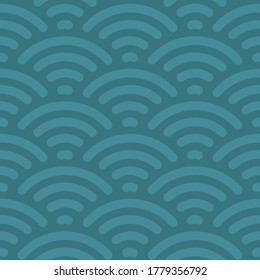 Seamless japanese wave pattern. Repeating ocean water curve chinese texture. Blue line art vector illustration. Vintage geometric shape background. Retro sea ornament