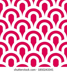 Patrón de ondas japonesas sin foco. Fondo blanco de arcos repitiendo rosados. Decoración minimalista retro Art Deco. Plantilla vectorial simple Ilustración oriental para papel pintado, papel envasado, textiles