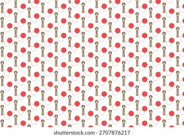 Padrão de estilo japonês contínuo com bonecas kokeshi tradicionais e círculos vermelhos e brancos em um fundo preto, ideal para design têxtil e decorativo