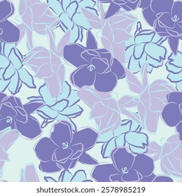 seamless Jasmine floral pattern features hand-drawn jasmine flowers in soothing shades of blue, lavender, and mint. The artistic, modern design exudes elegance, tranquility, textiles, wallpaper, décor