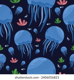 Seamless jellyfish coral pattern on black isolated background. Cute blue jellyfish, pink and green corals. For wrapping paper, comic characters, cartoons.