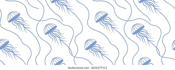 Seamless jellyfish marine pattern in blue line art, ideal for ocean-inspired wallpaper, nautical fabric, underwater themed sea life illustration, and aquatic creative designs.
