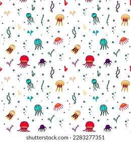 Seamless jellyfish pattern. Colored sea animals. Simple vector image. Suitable for covers, wrappers, coloring books, fabrics.