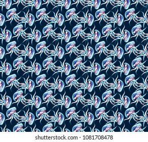 Seamless jellyfish pattern on blue background. Vector texture.
