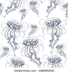 seamless jellyfish pattern, vector illustration, hand drawing ,isolated on white background
