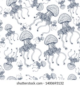 seamless jellyfish pattern, vector illustration, hand drawing ,isolated on white background