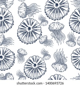 seamless jellyfish pattern, vector illustration, hand drawing ,isolated on white background