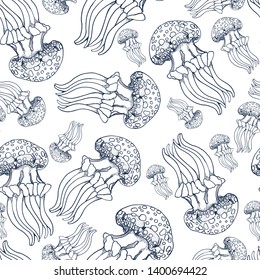 seamless jellyfish pattern, vector illustration, hand drawing ,isolated on white background