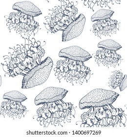seamless jellyfish pattern, vector illustration, hand drawing ,isolated on white background
