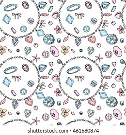 Seamless jewellery pattern with bracelets with charms, beads, gems. Endless texture, white, black, pink and blue color.