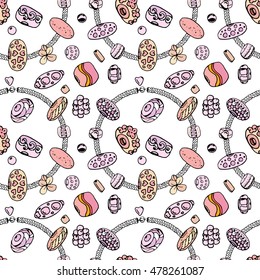 Seamless jewellery pattern with bracelets with charms, beads, gems. Endless texture, white, black, pink and yellow color.