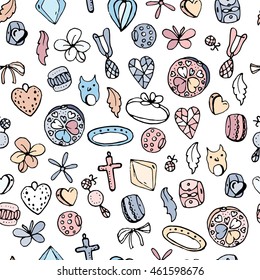 Seamless jewellery pattern with charms, beads, rings. Endless texture, white,black,pink and blue color.